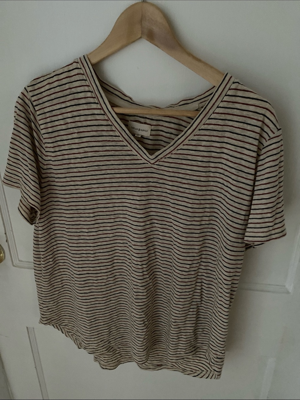 Thread & Supply Cream V-Neck Tee with Navy & Red Stripes